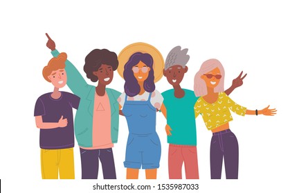 Young Positive People Are Standing In A Group, Smiling Waving Their Ears. Young Male And Female Students In Casual Wear Isolated Clipart. A Diverse Group Of People.