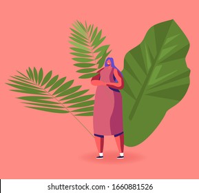 Young Positive Smiling Woman Wearing Dress Holding Exotic Green Palm Leaf of Tropical Plant in Hand. Healthy Food, Indonesian or Asian Cuisine Concept. Friendly Girl. Cartoon Flat Vector Illustration