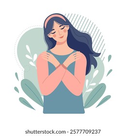 Young positive woman hugging herself by the shoulders. Self-care, self-love. Psychological therapy. Vector illustration in simple flat style.