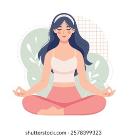 Young positive woman meditating, doing yoga. Self-care, self-love. Psychological therapy. Vector illustration in simple flat style.