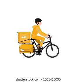 Young postman riding on the bicycle. Postmail service. Vector.