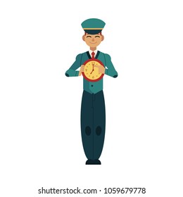 Young postman in uniform holds wall watches in front of his chest and shows finger on dial isolated on white background. Worker character with time design concept. Flat cartoon vector illustration.