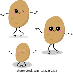 young potatoes set of cartoon characters dancing and meditating on a white background concept of summer harvest and food