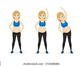 Young pregnancy woman. Fitness healthy lifestyle. Prenatal exercise. Vector illustration