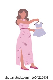 Young pregnant african american woman choosing a dress for her baby. Vector flat illustration in pastel colors. Preparation to maternity.