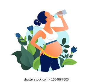 Young pregnant beautiful woman drinking water after training. Stay hydrated. Wellness concept. Classes in single sports. Hand drawn style vector illustration