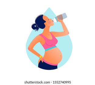 Young pregnant beautiful woman drinking water after training. Stay hydrated. Wellness concept. Classes in single sports. Hand drawn style vector illustration