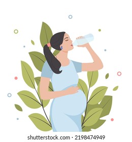 Young pregnant beautiful woman drinks water from a bottle. The concept of a healthy lifestyle. Flat vector illustration