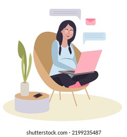 Young pregnant beautiful woman works at a laptop. The concept of working from home. Flat vector illustration