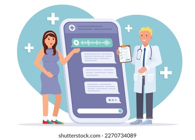 Young pregnant european woman at online consultation with male doctor  gynecologist by phone. Remote Pregnancy and health monitoring by videocall. Expectant mother Vector illustration flat style