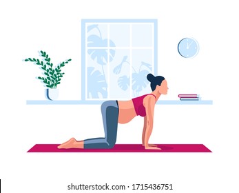 Young pregnant girl doing sport at home. Prenatal yoga exercise on cat pose. Flat vector illustration.