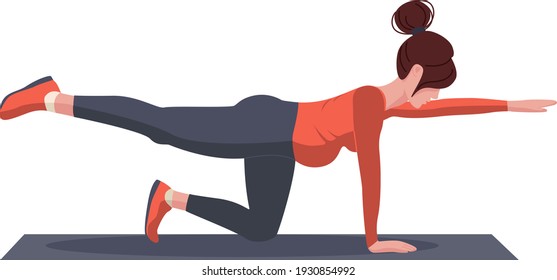  Young pregnant girl doing yoga doing postures. isolated object. Flat style. Shadow. Vector illustration