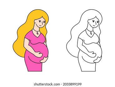 Young pregnant girl with long hair. Beautiful woman in a dress. Coloring book. Cartoon style. Simple color flat vector illustration isolated on white background.