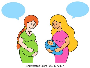 Young pregnant girl with long hair. Conversation between two mothers. Beautiful woman in a dress. Cartoon style. Simple color flat vector illustration isolated on white background.