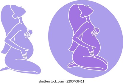 Young pregnant girl with long hair. Set of illustrations. Cartoon style. Simple color flat vector illustration isolated on white background.