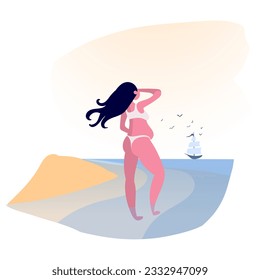 young, pregnant girl looks into the distance at the sailing ship