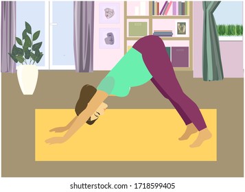
young pregnant girl practices yoga in own living room, vector EPS 10