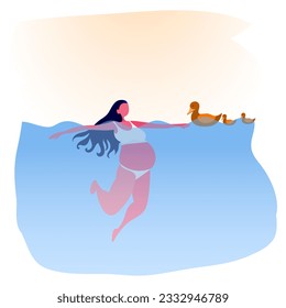 a young, pregnant girl swimming in the sea meets a duck with ducklings