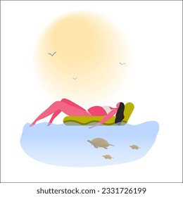 a young pregnant mother swims with turtles in the sea on a mattress. Fitness and health for pregnant women.