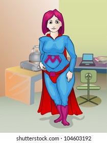 young pregnant mother wearing superhero costume standing in front of working table and kitchen set