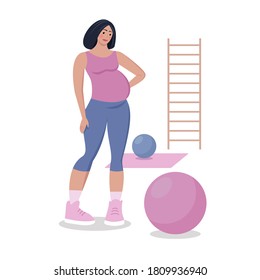 Young pregnant sporty woman with fit ball standing in gym. Body positive girl do fitness exercises in gym. Vector illustration