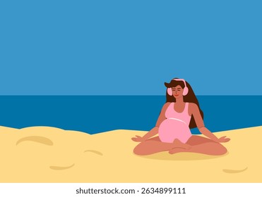 Young pregnant tanned woman in swimsuit with headphones listening to music and meditating on beach, yoga class by the sea in summer - vector color flat illustration for banners, cards, posters, flyers