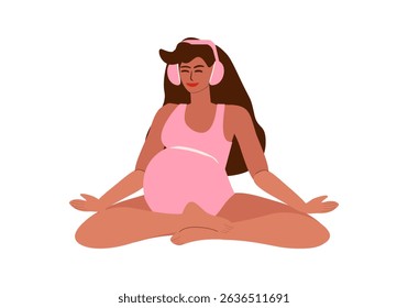 Young pregnant tanned woman in swimsuit with headphones listening to music and meditating, yoga class in summer - vector color isolated flat illustration for banners, cards, posters, flyers