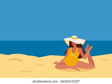 Young pregnant tanned woman in swimsuit and hat doing yoga on beach, sport and meditation by the sea in summer - vector color flat illustration for banners, cards, posters, flyers