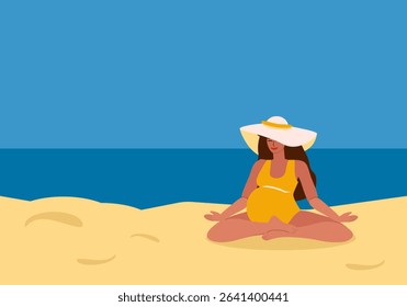 Young pregnant tanned woman in swimsuit and hat meditating on beach, yoga class by the sea in summer - vector color flat illustration for banners, cards, posters, flyers