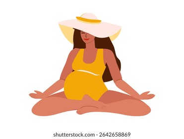 Young pregnant tanned woman in swimsuit and hat meditating, yoga class in summer - vector color flat isolated illustration for banners, cards, posters, flyers