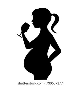 Young pregnant woman with alcoholic glass, vector silhouette illustration isolated on white background