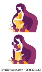 Young pregnant woman and woman with baby.