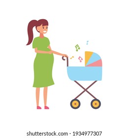 Young pregnant woman with a baby in a buggy. Mom with a stroller. Vector illustration isolated on white background.