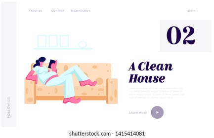 Young Pregnant Woman with Big Belly Lying on Comfortable Sofa and Reading Book at Home. Leisure, Spare Time, Weekend, Maternity Website Landing Page, Web Page. Cartoon Flat Vector Illustration, Banner