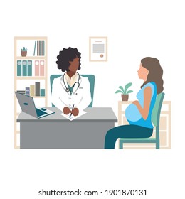 Young pregnant woman and black woman doctor in medical office. Pregnant at the reception of the gynecologist. Flat vector illustration.