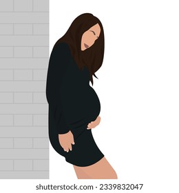 Young Pregnant Woman in Black Dress Stands Near Wall and Holding Belly. Flat Vector Illustration