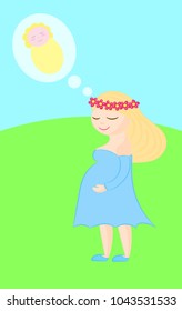A young pregnant woman with blond hair in a blue dress and a wreath of red flowers on her head smiles and dreams of a baby in the summer on the lawn