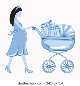Young  pregnant woman with a blue baby carrier full of presents 