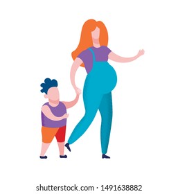 Young Pregnant Woman in Blue Overalls Holding Hand of Little Toddler Isolated on White Background, Happy Family of Mother and Son Walking Together, Motherhood, Parent, Cartoon Flat Vector Illustration