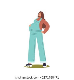 Young pregnant woman in blue overalls, casual clothes. Happy female waiting for baby born isolated on white background. Health, pregnancy and motherhood concept. Cartoon flat vector illustration
