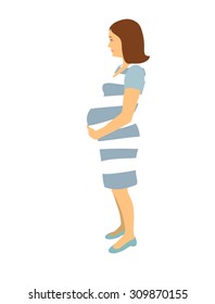 Young Pregnant Woman In A Bright Striped Dress With Bob Haircut. Editable Vector Illustration On A White Background