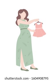 Young pregnant woman choosing a dress for her baby. Vector flat illustration in pastel colors. Preparation to maternity.