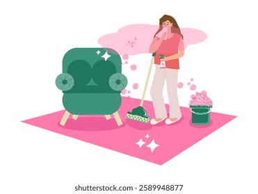 Young pregnant woman cleaning the house and suffering from household allergies, she has a runny nose and tears from dust and cleaning products. The housewife is standing on the carpet with a scarf