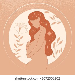 Young Pregnant woman concept. Beautiful female character holds belly with baby. Expectant mother waiting for birth of child. Motherhood and love. Cartoon contemporary flat vector illustration