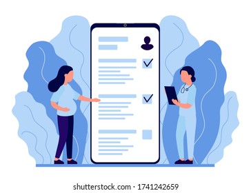 Young pregnant woman at consultation with doctor. Pregnancy monitoring, analysis, monitor health. Expectant mother, motherhood, single mother. Vector illustration flat style