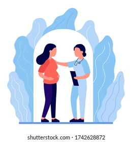 Young pregnant woman in consultation with doctor. Monitoring pregnancy and health. Expectant mother, motherhood, single mother. Communication, support of medical personnel. Vector flat illustration