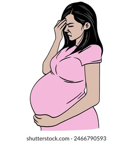 Young Pregnant Woman Dizzy Suffering Vertigo Nausea Morning Sickness Vector Illustration Drawing