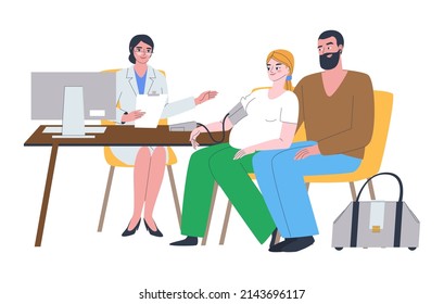 Young pregnant woman at the doctor's office. The husband and his pregnant wife consult a doctor. Planned pregnancy. Flat vector illustration. Eps10