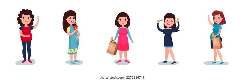 Young Pregnant Woman Doing Different Activity Vector Illustration Set