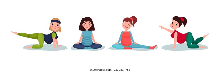 Young Pregnant Woman Doing Different Activity Vector Illustration Set
